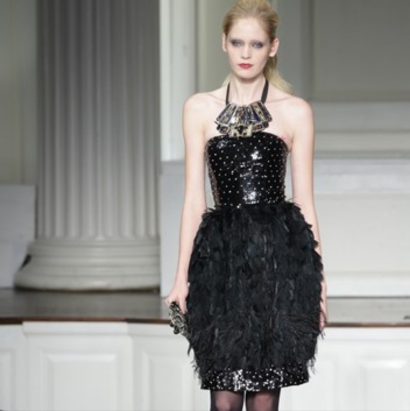◇♡$6000 OSCAR LA RENTA BLK OSTRIC FEATHER CRYSTAL BEADS RUNW DRESS 8
